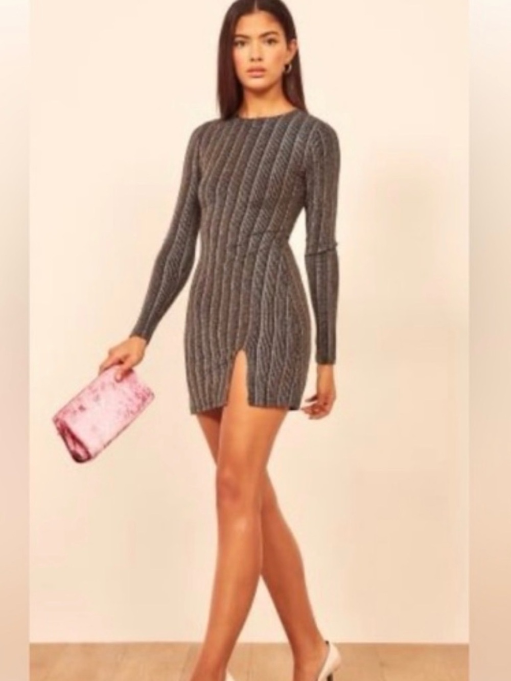 Reformation Black Ribbed Glitter Long-Sleeve Mini Dress with Front Slit Medium